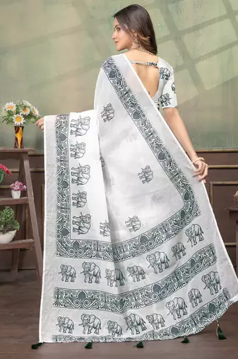white colour Linen cotton Easy to wear saree with unstitched blouse