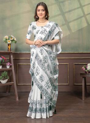 white colour Linen cotton Easy to wear saree with unstitched blouse 4
