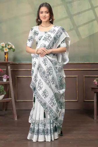 white colour Linen cotton Easy to wear saree with unstitched blouse