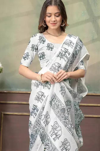 white colour Linen cotton Easy to wear saree with unstitched blouse