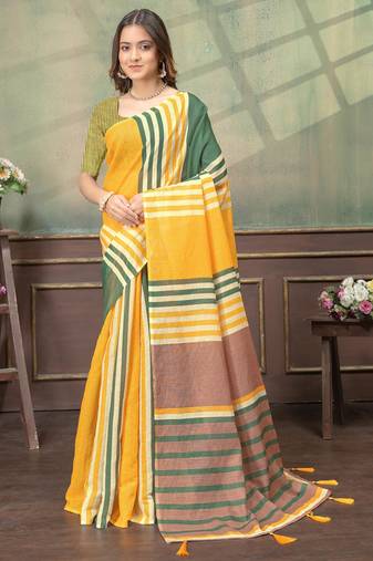 yellow colour Linen cotton ready to wear saree with unstitched blouse