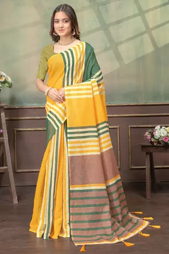 yellow colour Linen cotton ready to wear saree with unstitched blouse