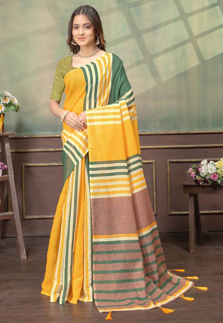yellow colour Linen cotton ready to wear saree with unstitched blouse