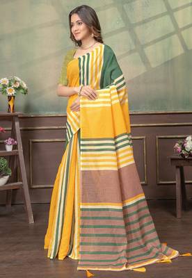 yellow colour Linen cotton Easy to wear saree with unstitched blouse 2