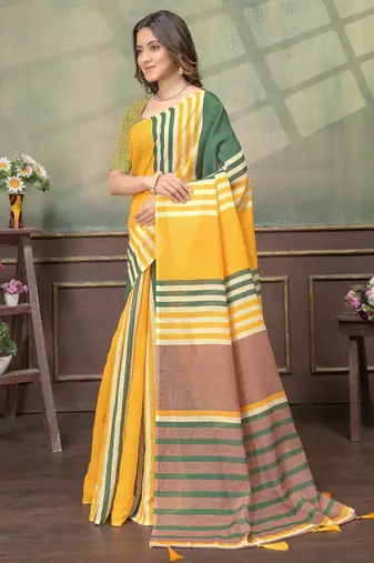 yellow colour Linen cotton Easy to wear saree with unstitched blouse