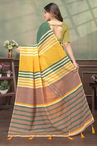 yellow colour Linen cotton Easy to wear saree with unstitched blouse