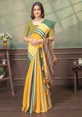 yellow colour Linen cotton Easy to wear saree with unstitched blouse 4