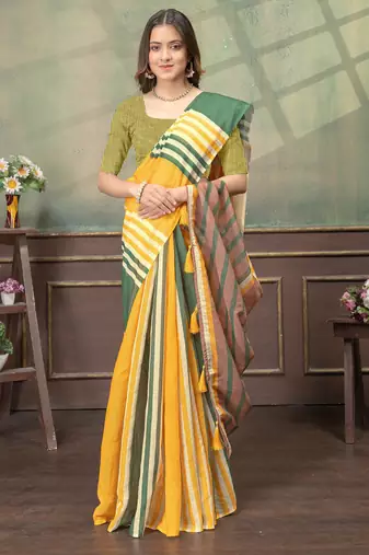 yellow colour Linen cotton Easy to wear saree with unstitched blouse