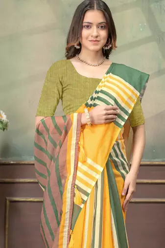 yellow colour Linen cotton Easy to wear saree with unstitched blouse