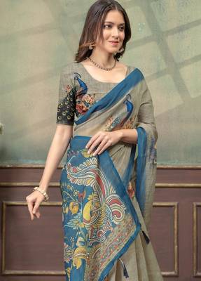 Linen cotton Easy to wear saree with unstitched blouse 5