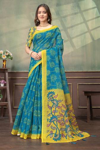 blue colour Linen cotton Easy to wear saree with unstitched blouse