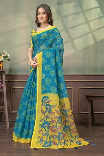 blue colour Linen cotton Easy to wear saree with unstitched blouse