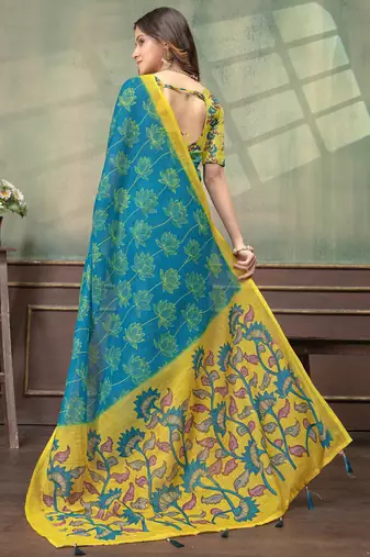 blue colour Linen cotton Easy to wear saree with unstitched blouse