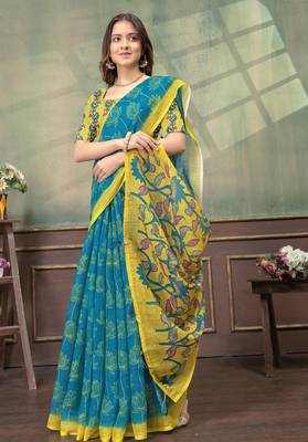 blue colour Linen cotton Easy to wear saree with unstitched blouse 4