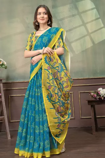blue colour Linen cotton Easy to wear saree with unstitched blouse