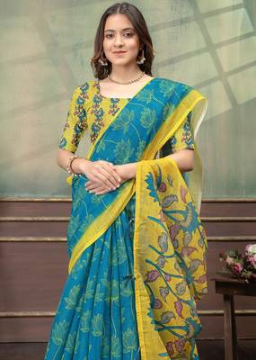 blue colour Linen cotton Easy to wear saree with unstitched blouse 5
