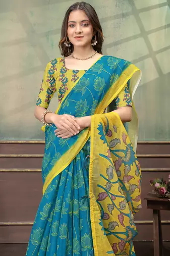 blue colour Linen cotton Easy to wear saree with unstitched blouse