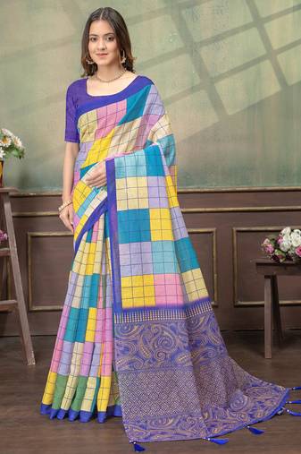 multi colour Linen cotton Easy to wear saree with unstitched blouse