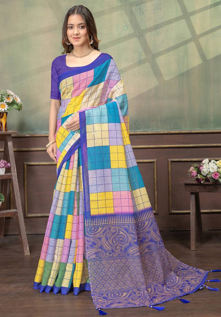 multi colour Linen cotton ready to wear saree with unstitched blouse