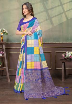 multi colour Linen cotton Easy to wear saree with unstitched blouse 2