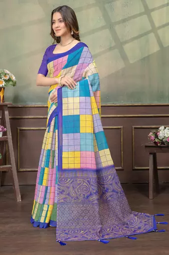 multi colour Linen cotton Easy to wear saree with unstitched blouse