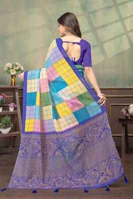 multi colour Linen cotton Easy to wear saree with unstitched blouse 3