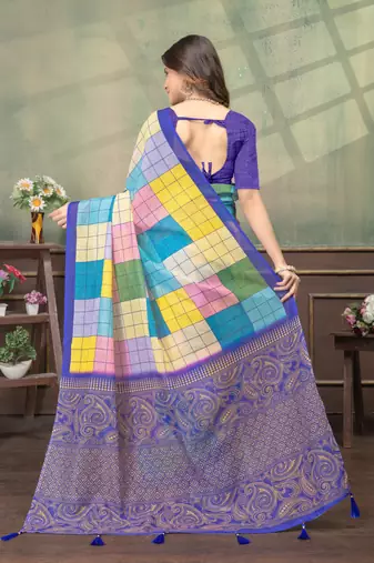 multi colour Linen cotton Easy to wear saree with unstitched blouse