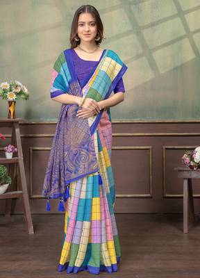 multi colour Linen cotton Easy to wear saree with unstitched blouse 4