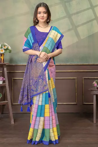 multi colour Linen cotton Easy to wear saree with unstitched blouse