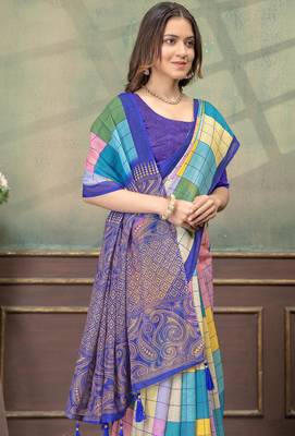 multi colour Linen cotton Easy to wear saree with unstitched blouse 5
