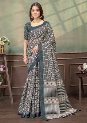 grey colour Linen cotton Easy to wear saree with unstitched blouse 1