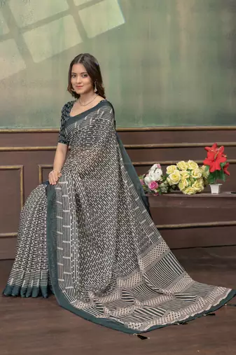 grey colour Linen cotton Easy to wear saree with unstitched blouse