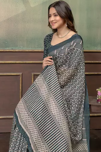 grey colour Linen cotton Easy to wear saree with unstitched blouse