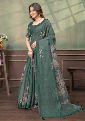 grey colour Linen cotton Easy Wear saree with unstitched blouse 2
