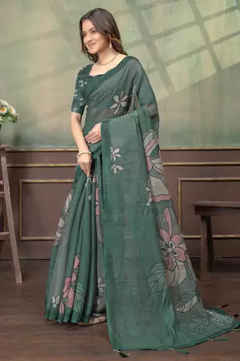 grey colour Linen cotton Easy Wear saree with unstitched blouse