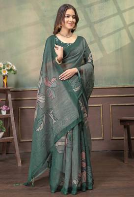 grey colour Linen cotton Easy Wear saree with unstitched blouse 4