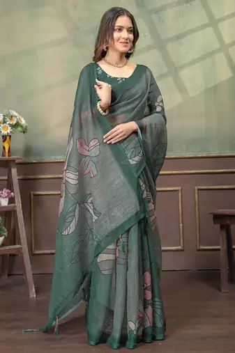 grey colour Linen cotton Easy Wear saree with unstitched blouse