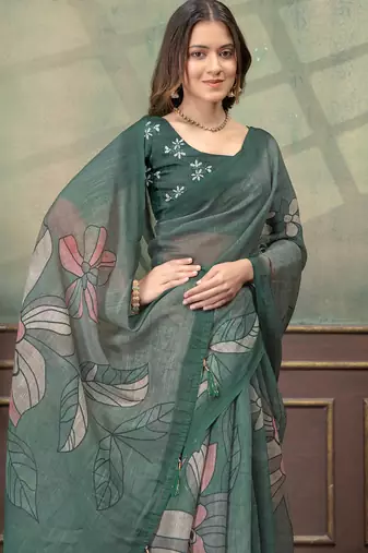 grey colour Linen cotton Easy Wear saree with unstitched blouse