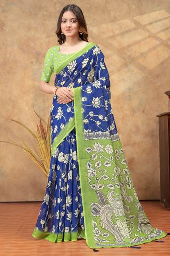 blue colour Linen cotton ready to wear saree with unstitched blouse