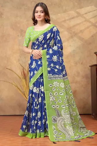 blue colour Linen cotton ready to wear saree with unstitched blouse