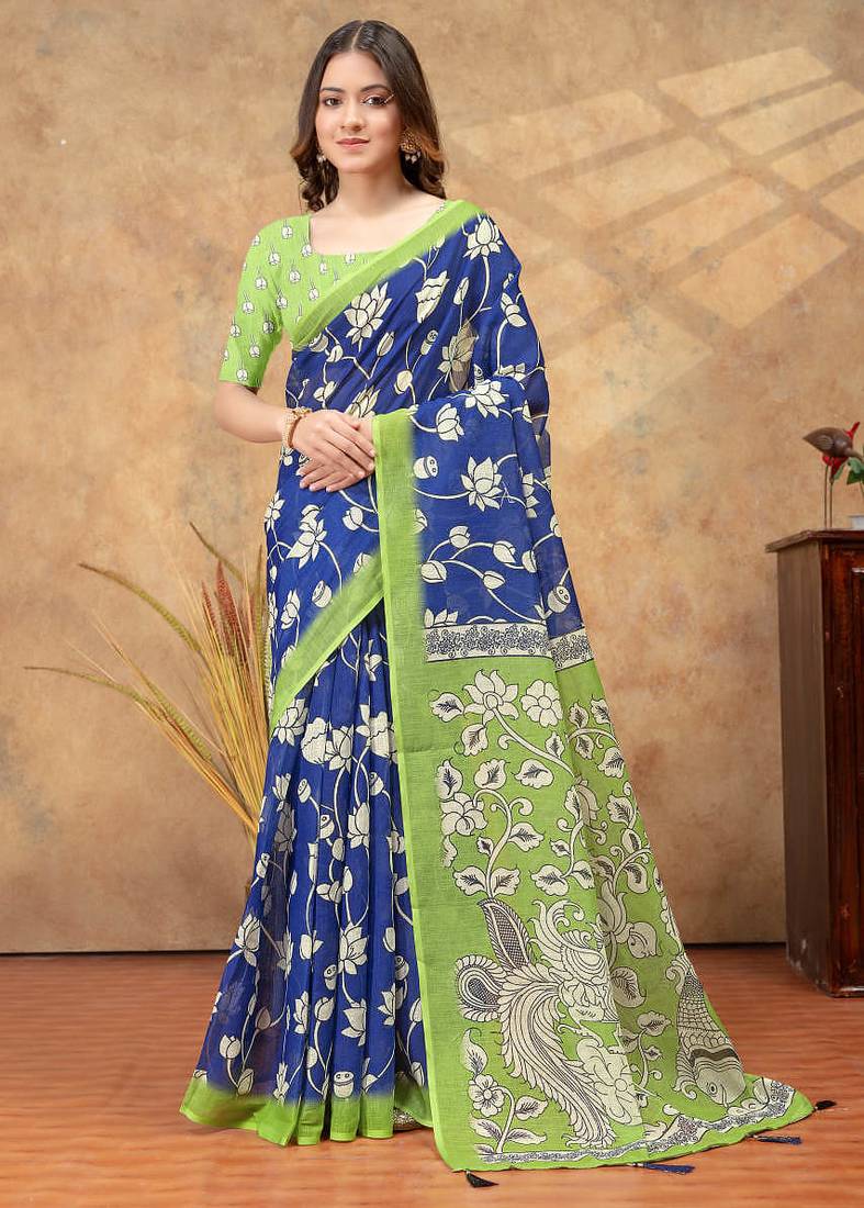 blue colour Linen cotton ready to wear saree with unstitched blouse