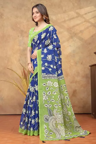 blue colour Linen cotton One Minute saree with unstitched blouse