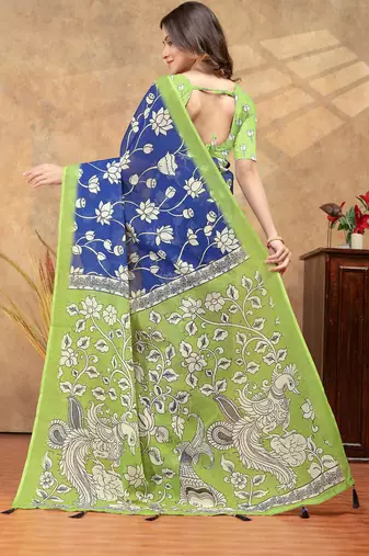 blue colour Linen cotton One Minute saree with unstitched blouse