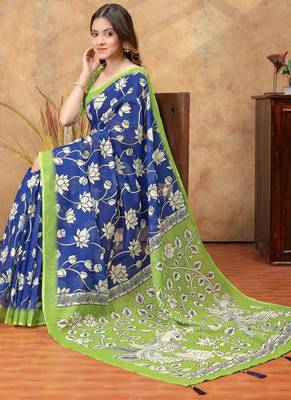 blue colour Linen cotton One Minute saree with unstitched blouse 4