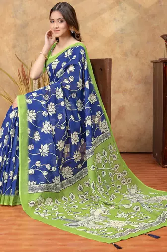 blue colour Linen cotton One Minute saree with unstitched blouse