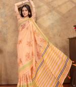 peach colour Linen cotton ready to wear saree with unstitched blouse