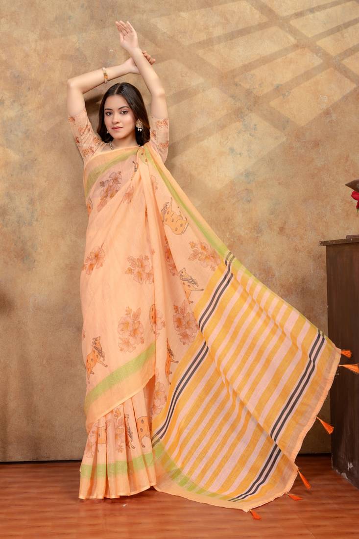 peach colour Linen cotton ready to wear saree with unstitched blouse