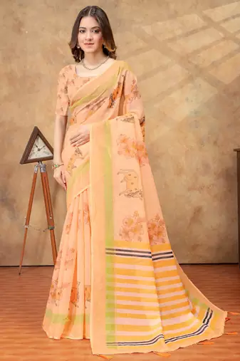 peach colour Linen cotton One Minute saree with unstitched blouse