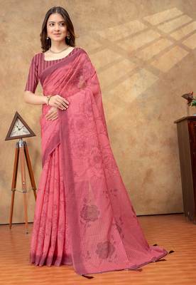 coral colour Linen cotton One Minute saree with unstitched blouse 1