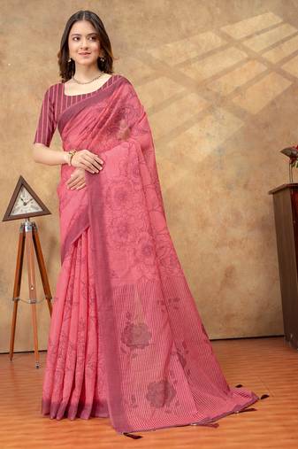 coral colour Linen cotton ready to wear saree with unstitched blouse